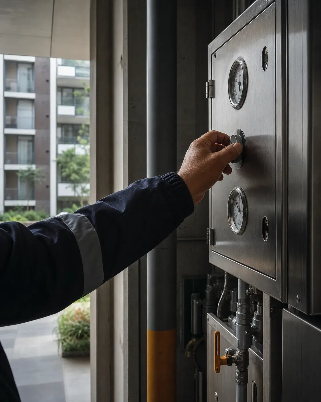 Revisión preventiva de un equipo técnico en las áreas comunes de un edificio residencial