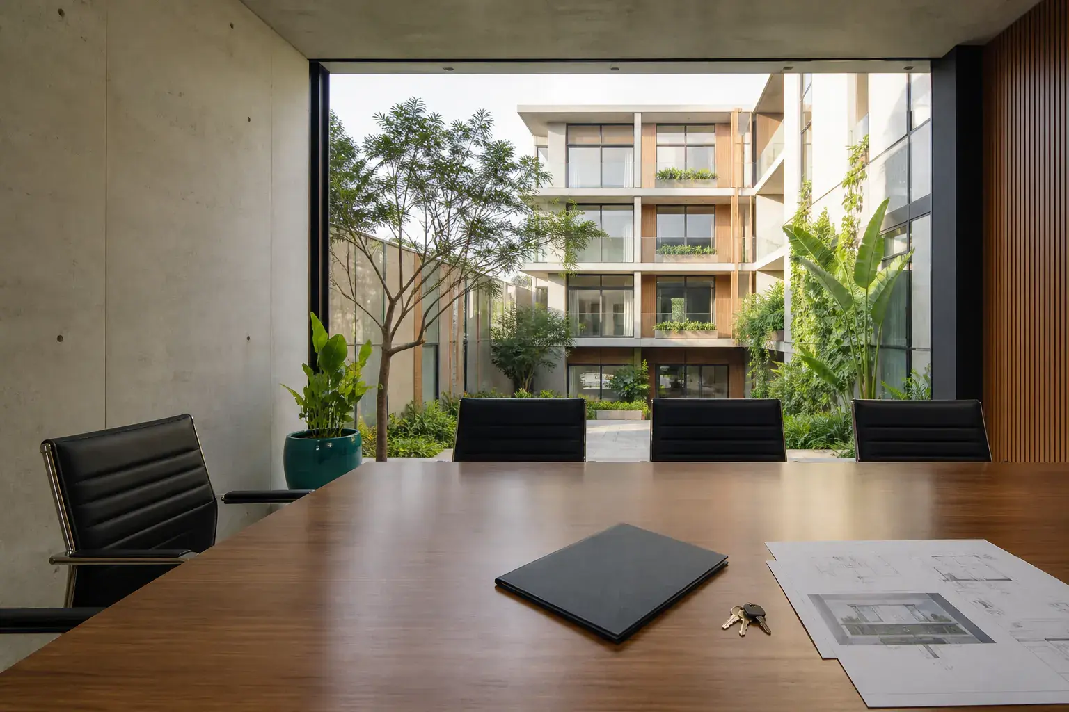 Sala de reuniones contemporánea con vista a la arquitectura residencial de Lima