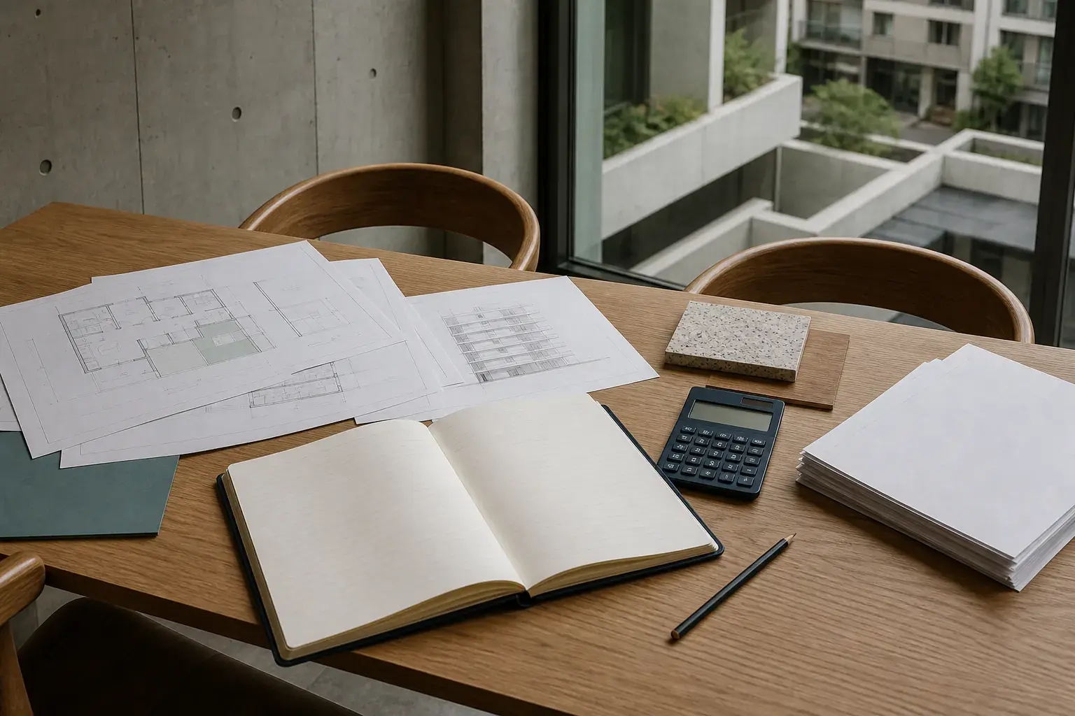 Planos y documentos financieros dispuestos sobre una mesa de arquitectura en un edificio residencial